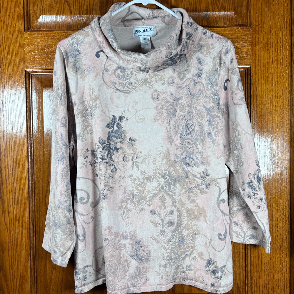 Pendleton XLSilk Blend Pullover Cowl Neck Floral Print Pink Top